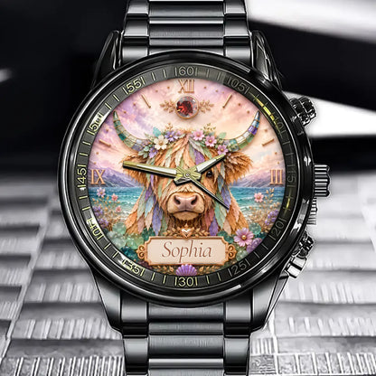 Custom Highland Cow Sea Glass Watch - Personalized Name & Birthstone Gifts For Women - A Little Highland Cow For You