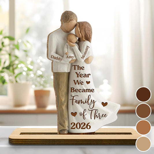 Custom Family Of Three Wooden Plaque - Personalized Names And Year New Baby Gift