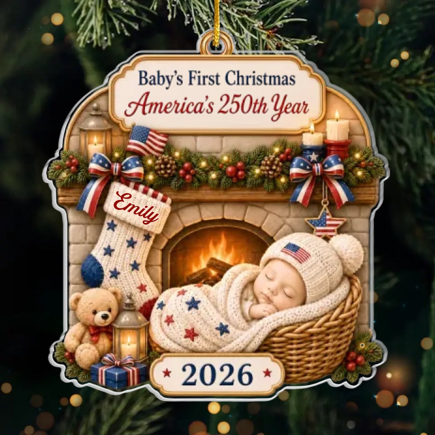 Custom First Christmas Acrylic Ornament - Personalized America 250th Anniversary Christmas Gifts For New Moms, New Dads, New Parents - Tiny Star Big History