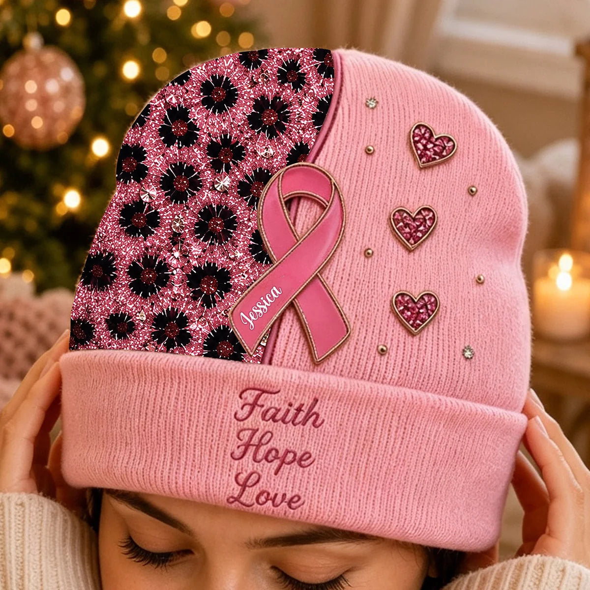 Custom Breast Cancer Awareness Beanie - Personalized Pink Ribbon Gifts For Women - Faith, Hope & Love