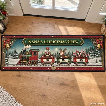 Custom Christmas Train Runner Rug - Personalized Family Name Decor - All Aboard Grandma’s Christmas Crew