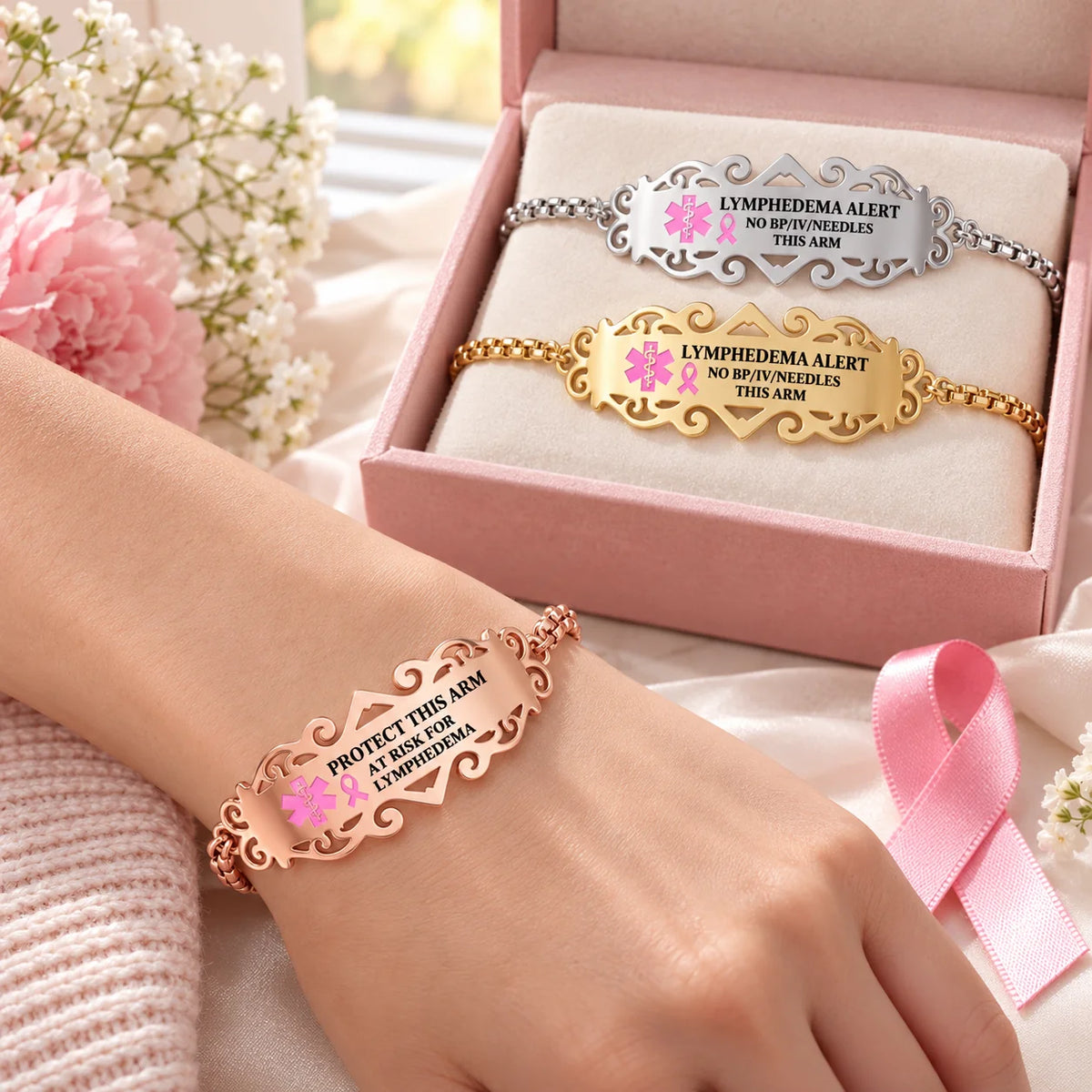 Custom Medical Alert Bracelet - Personalized Pink Ribbon Lymphedema Awareness Jewelry - Wear Your Courage
