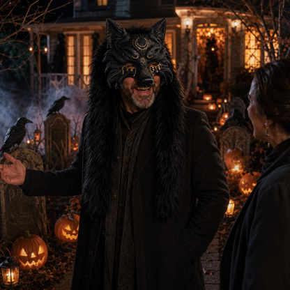 45% OFF🔥Viking Wolf Headdress – Black & Gold Werewolf Mask for Halloween, LARP & Cosplay